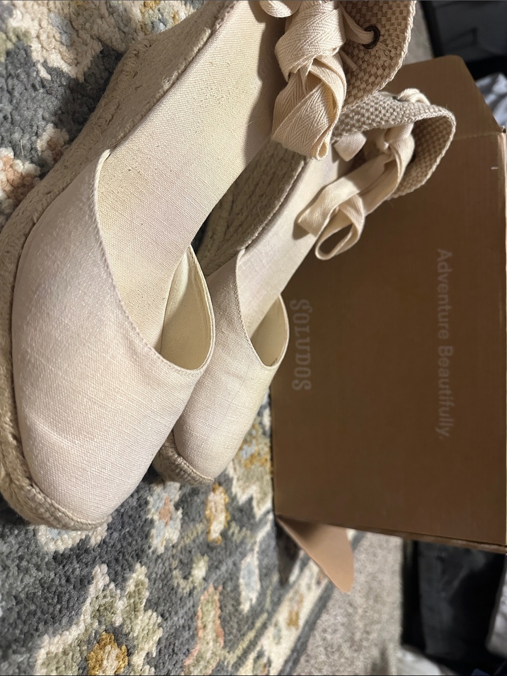 Soludos Cream Canvas Espadrille Wedge with Ankle Tie